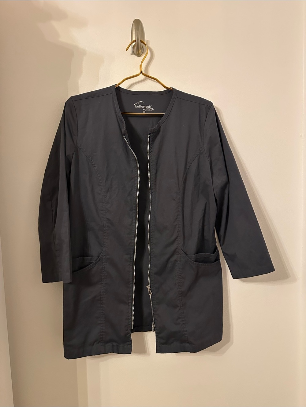 Butter-Soft Black Long Zip-Front Scrub Jacket